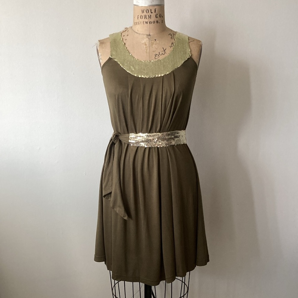 C Luce Gold Sequin T Shirt Dress | Olive Green Army | sz Small | A Line Belt
